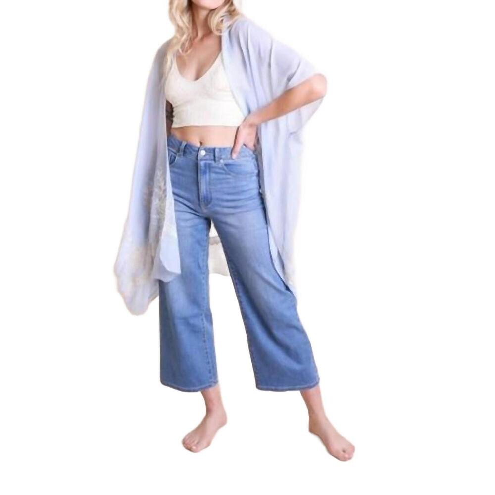 NEW LETO lightweight floral embroidered tassels boho festival kimono wrap in blu